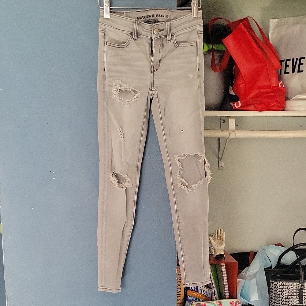 American Eagle Outfitters Gray Skinny Jeans with Distressed Details